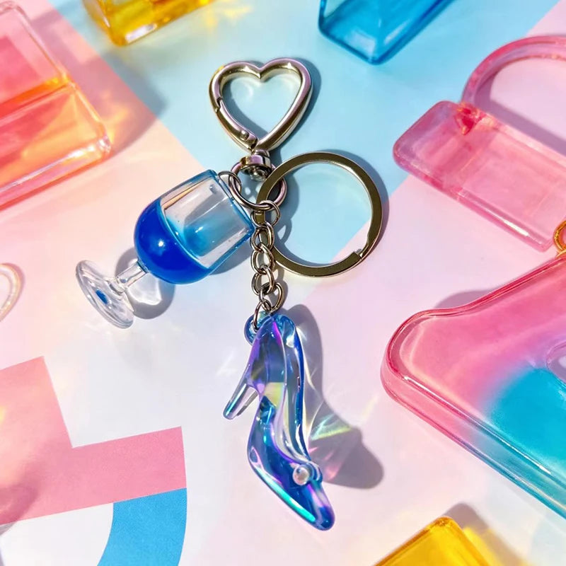 New Colorful Wine Glass High Heels Keychain Cute Laser Princess High Heels Acrylic Pendant with Heart shaped Buckle Suitable for