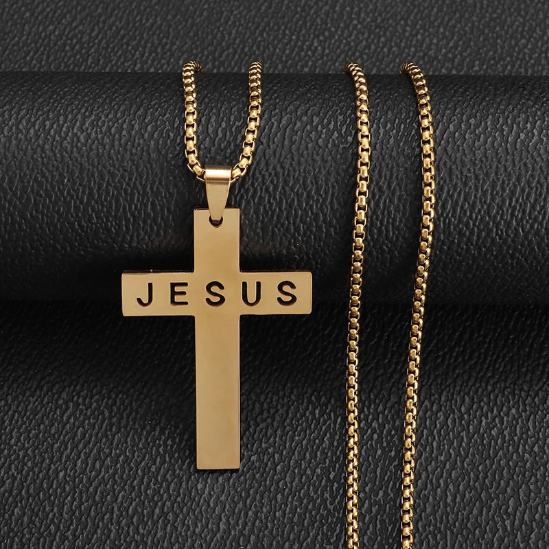 Stainless Steel Cross Letter Pendant Christian Savior Jesus Necklace Men and Women Religious Prayer Amulet Jewelry