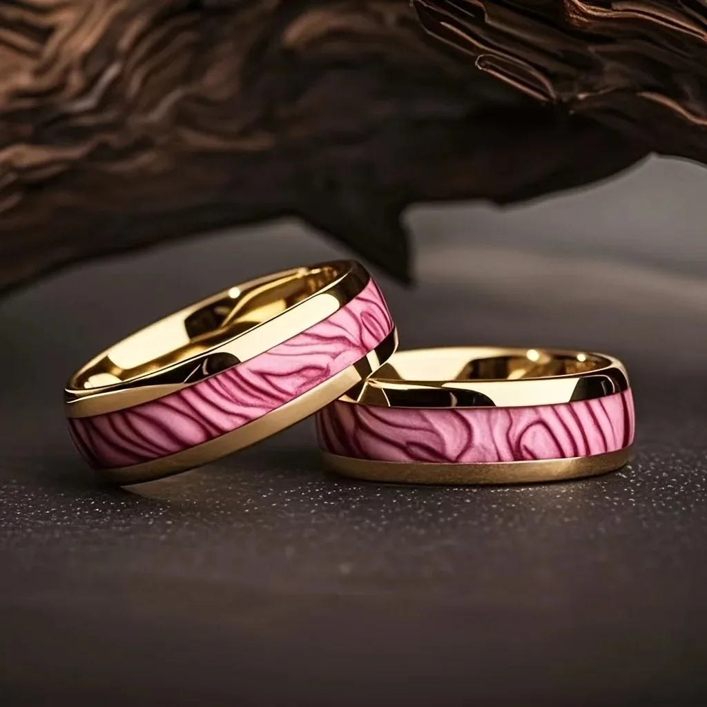 Fashion 8MM Gold Color Men Stainless Steel Ring Pink Abalone Shell Inlay Rings For Men Women Wedding Engagement Jewelry Gift