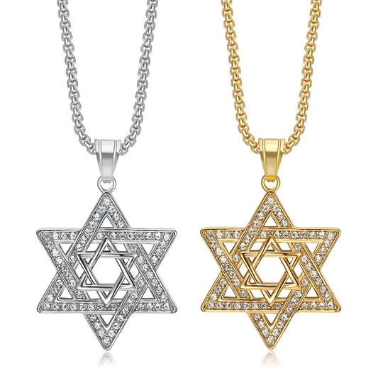 Unisex Stainless Steel Gothic Star of David Zirconia Pendant Fashion Charms Necklace For Men Hip Hop Jewelry