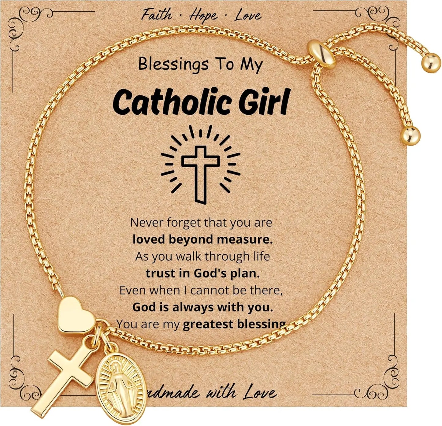 18k Gold Catholic Virgin Mary Cross Heart Bracelet Gift for Women Confirmation First Communion Religious Christian Faith Jewelry