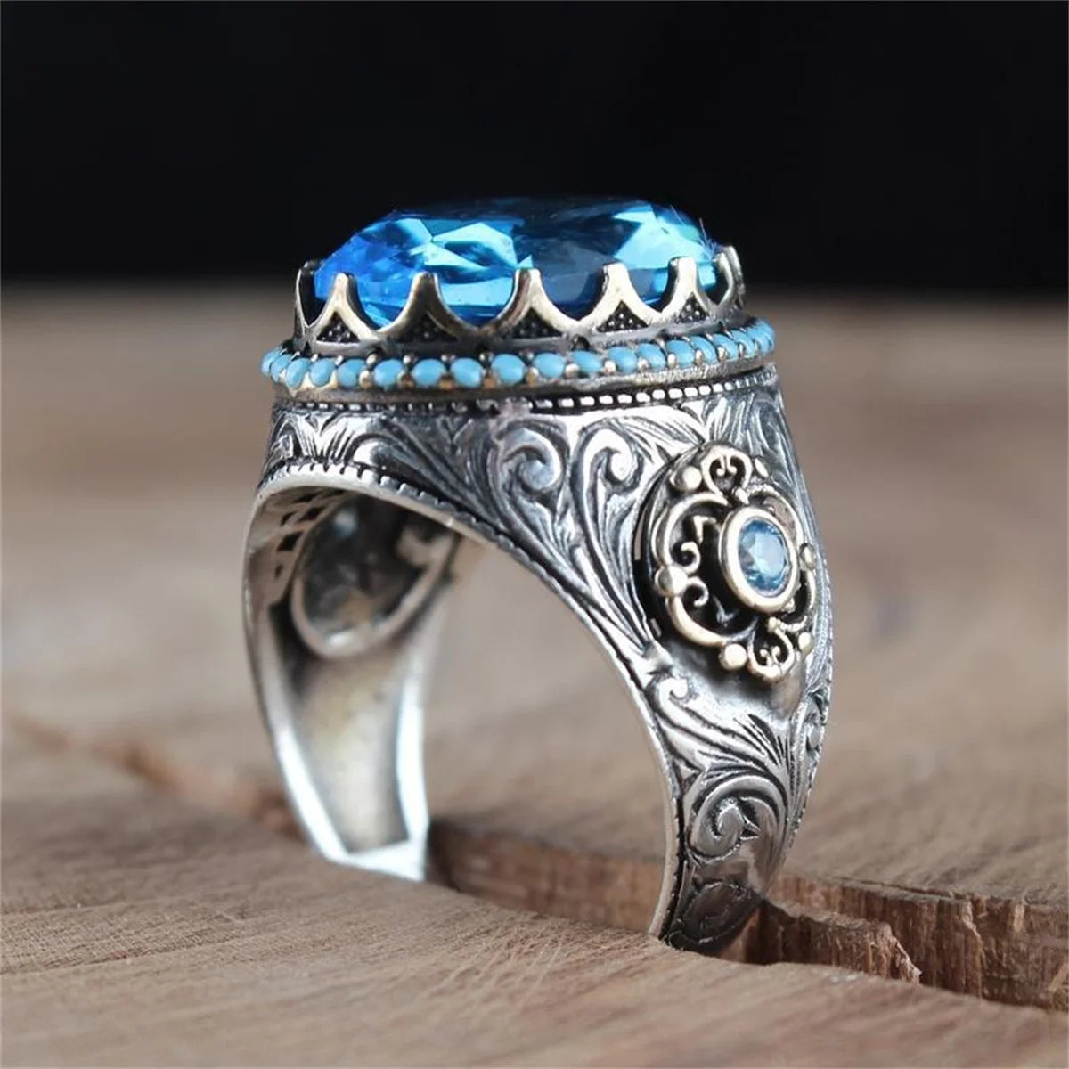Retro Handmade Turkish Signet Ring For Men Women Ancient Silver Color Carved Eagle Ring Green Zircon Inlay Punk Motor Biker Ring
