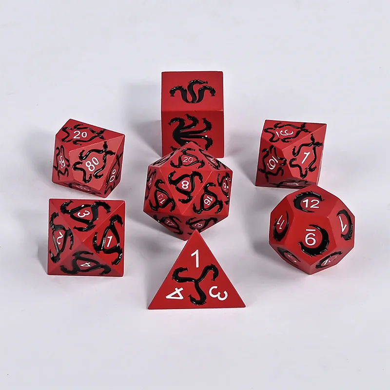 DND Polyhedron Dice Set Handmade dice set with dragon motifs for DND RPG Roleplaying games and TRPG games Red-Black