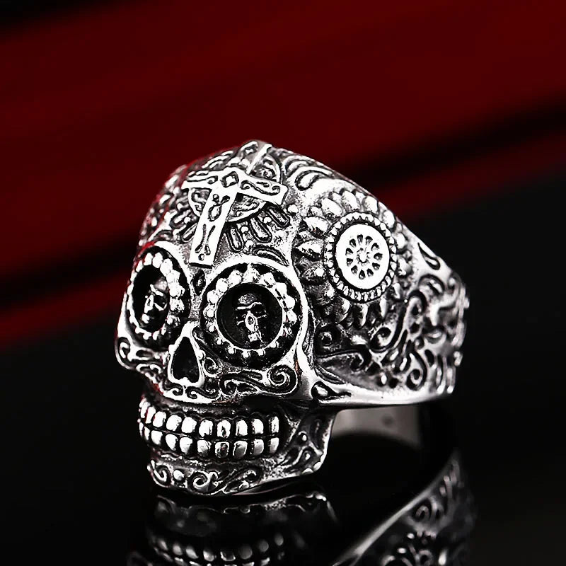 Vintage Pirate Signet Double Knife Skull Rings Men Stainless Steel Viking Compass Ring Biker Amulet Jewelry Gift Drop Shipping