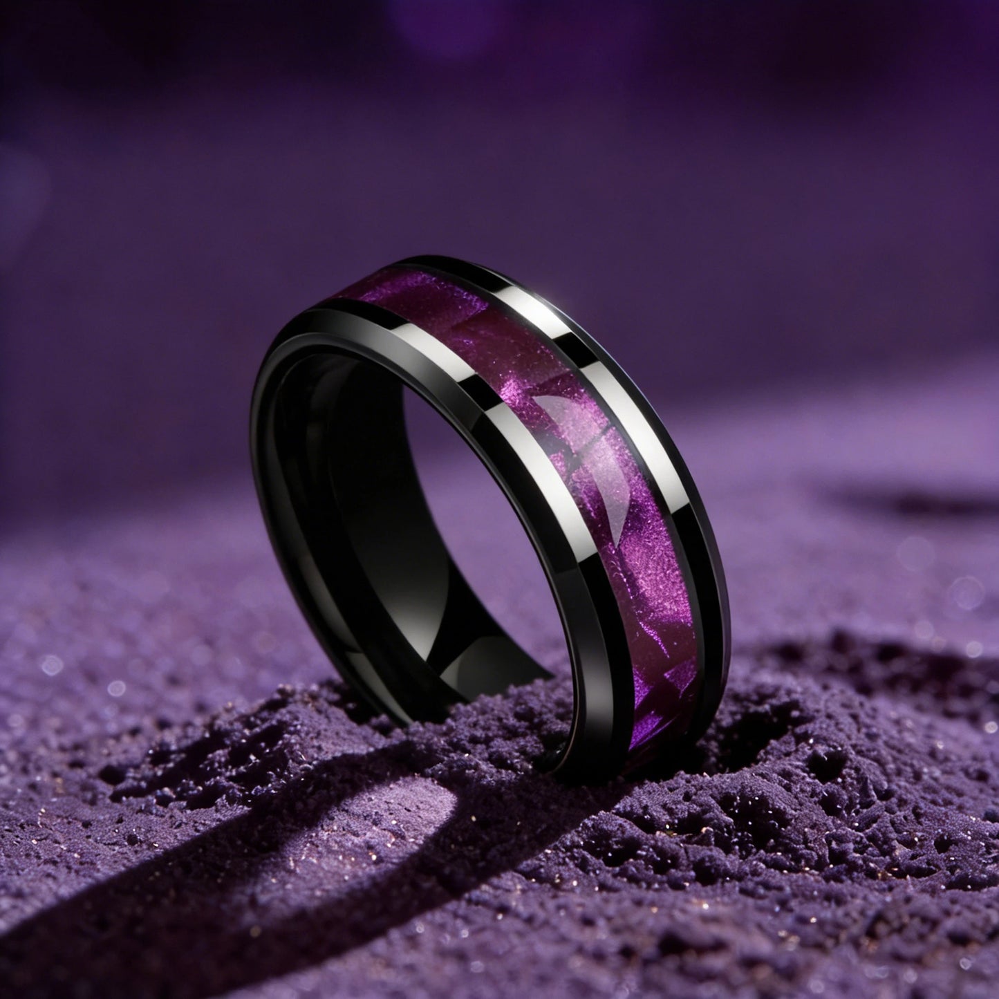 Fashion 8mm Stainless Steel Rings for Men Women, High Polished Purple Abalone Shell Inlay Ring, Men Wedding Party Jewelry