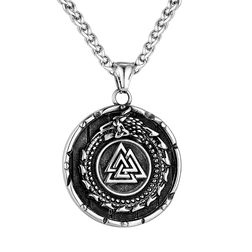 Vikings Ouroboros Dragon Necklace Men Stainless Steel Norse Runes Triangle Pendant Amulet Scandinavian Jewelry Vintage Male Gift