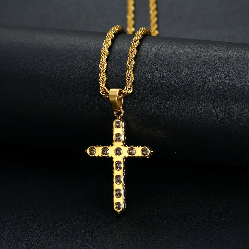 Fashion Jewelry Stainless Steel Cross Aglare Crystal Hip Hop Gold Charm Pendant Necklace Twist Chain