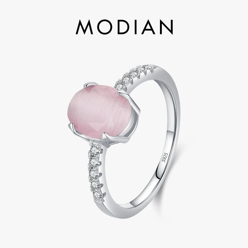 Modian Genuine 925 Sterling Silver Fashion Romantic Oval Pink Opal Finger Ring For Women Girls Charm Party Fine Jewelry Gifts 9