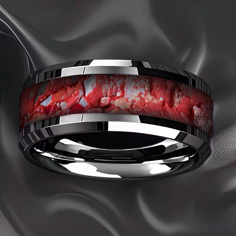 Women's Stainless Steel Ring Red Rose Flower & Green Leaves Inlay Wedding Band Romantic Valentine Floral Pattern Finger Jewelry