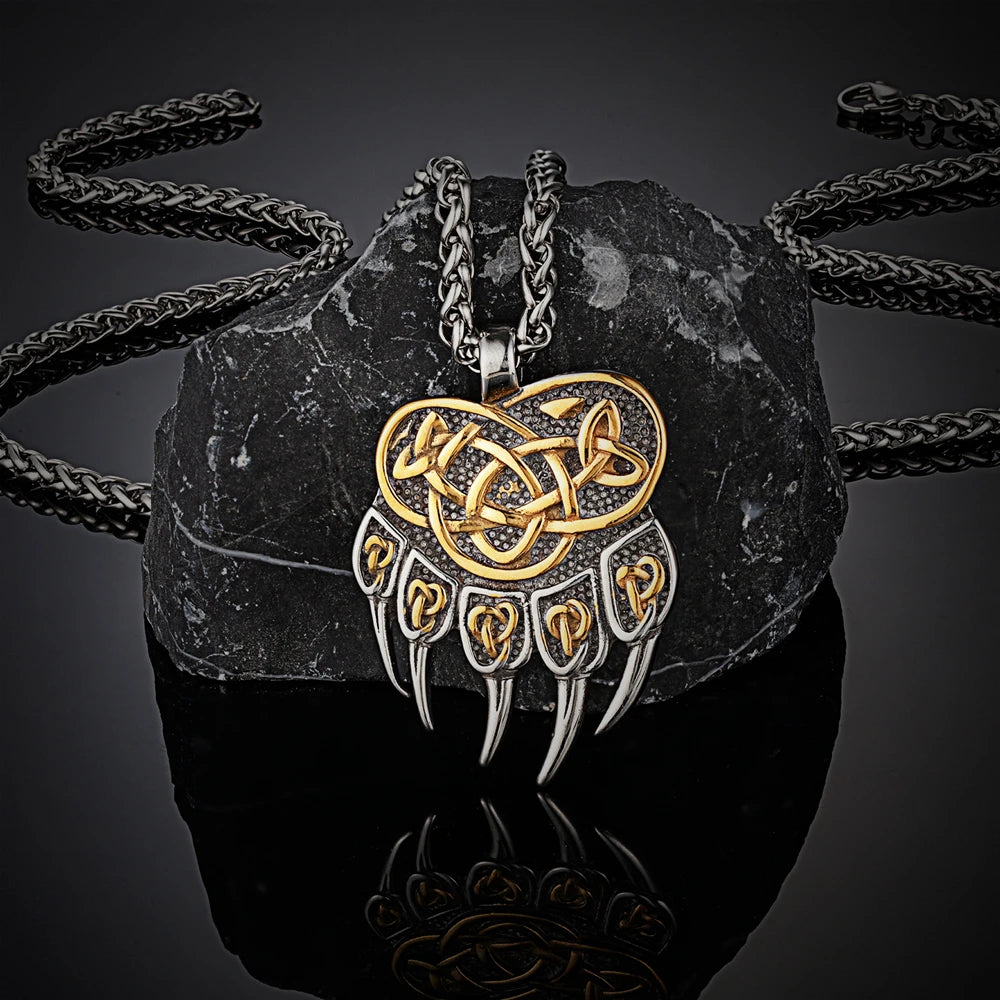 Never Fade Viking Celtic Wolf Claw Necklace Men Norse Rune Bear Claw Self-defense Amulet Genuine Leather Stainless Steel Jewelry Gold Chain 60CM