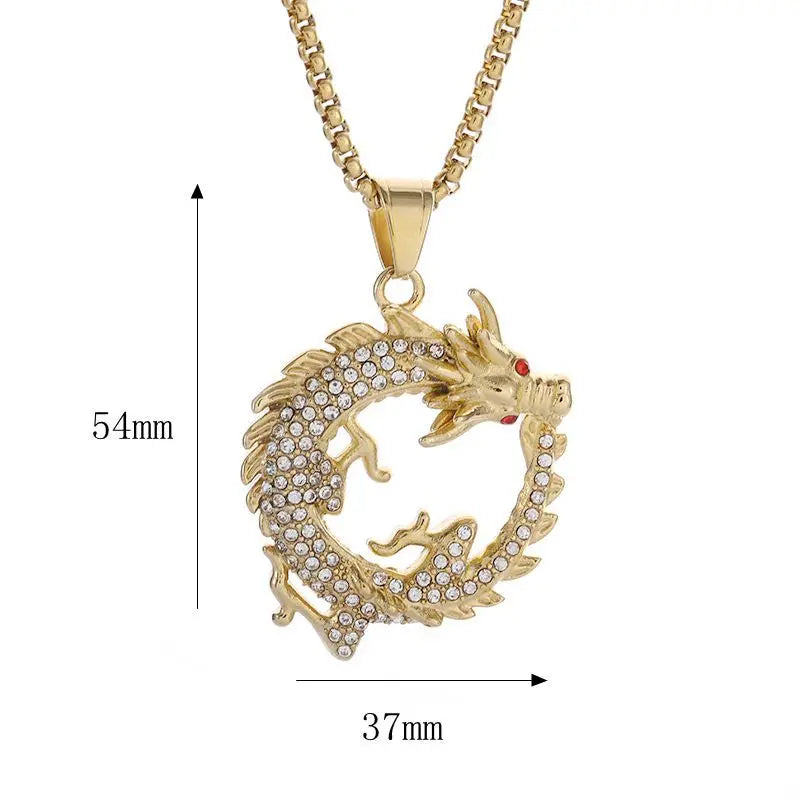 Fashion Charm Stainless Steel Dragon Necklace - Vacuum gold plating with diamond inlay Pendant Jewelry Gift Oriental Amulet Gift