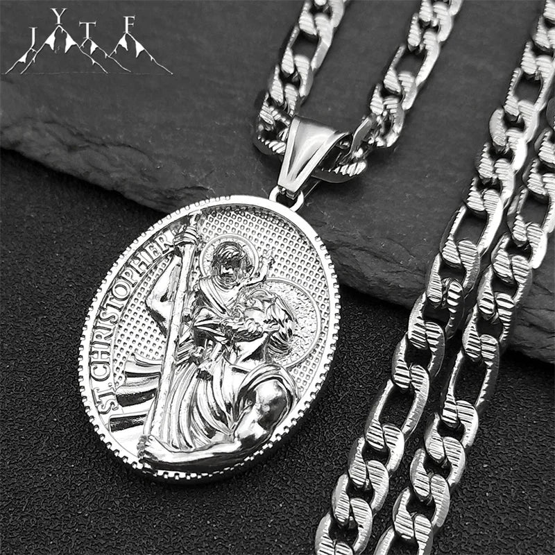 Religious ST.Christopher Protect Us Medal Necklace for Women Men Stainless Steel Silver Color Catholic Saint Chain Jewelry