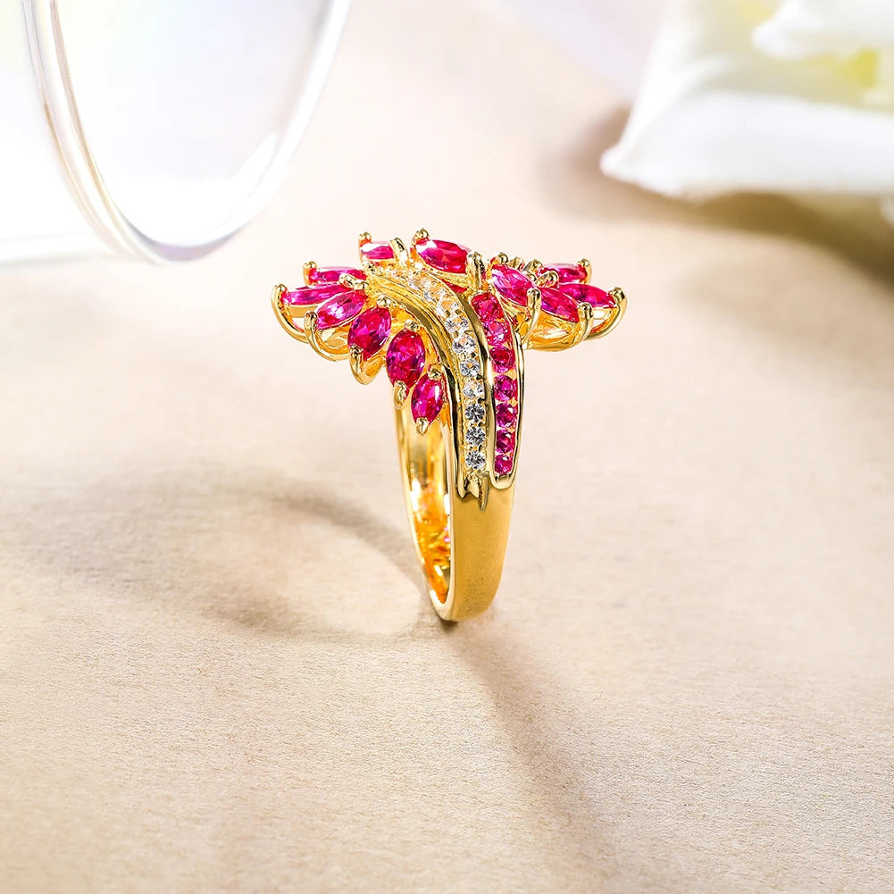 GZ ZONGFA Authentic 925 Sterling Silve Leaf Ring for Women Plant Created Ruby Gems Sparkling Party 14K Gold Plated Fine Jewelry