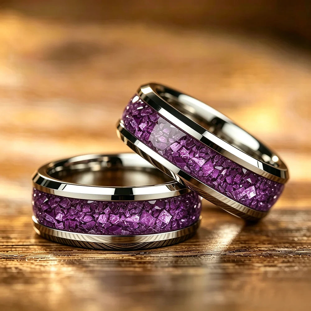 Fashion Silver Color Men Stainless Steel Ring with Purple Stone Inlay Rings for Men Women Wedding Jewelry Valentine's Day Gifts