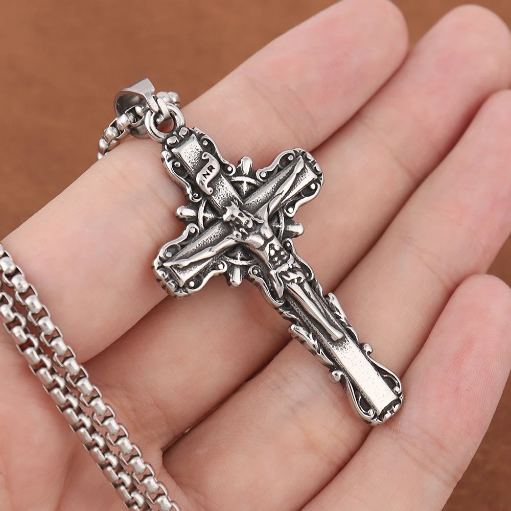 Fashion Simple Religious Jesus Cross Necklace Charm Stainless Steel Christian Cross Pendent With Chain Popular Men Women Jewelry