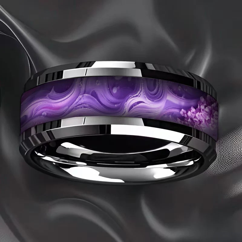 Fashion Men Stainless Steel Rings, With Purple-Blue Gradient Flame Pattern Inlay Rings for Men Wedding Bands Jewelry Drop Ship