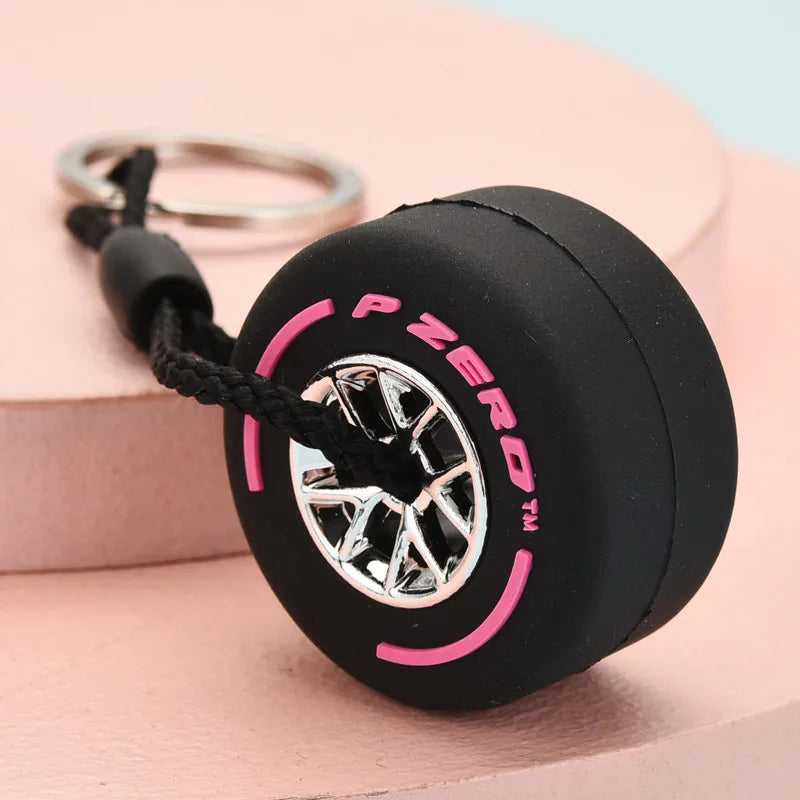 Luxury Mini F1 Racing Tire Keychain Car Key Accessories PVC Tyre Pendant Bag Charm Men's Gadgets Gifts For Friends Car Lovers rose red