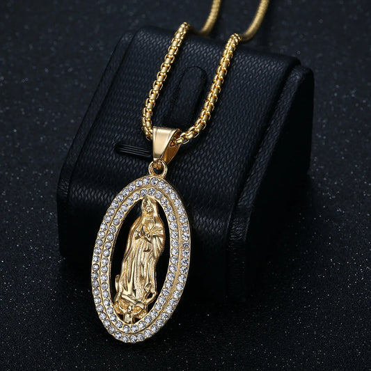 High Quality Virgin Mary Zircon Pendant For Men New Fashion Stainless Steel Hip Hop Chain Necklace Religious Jewelry