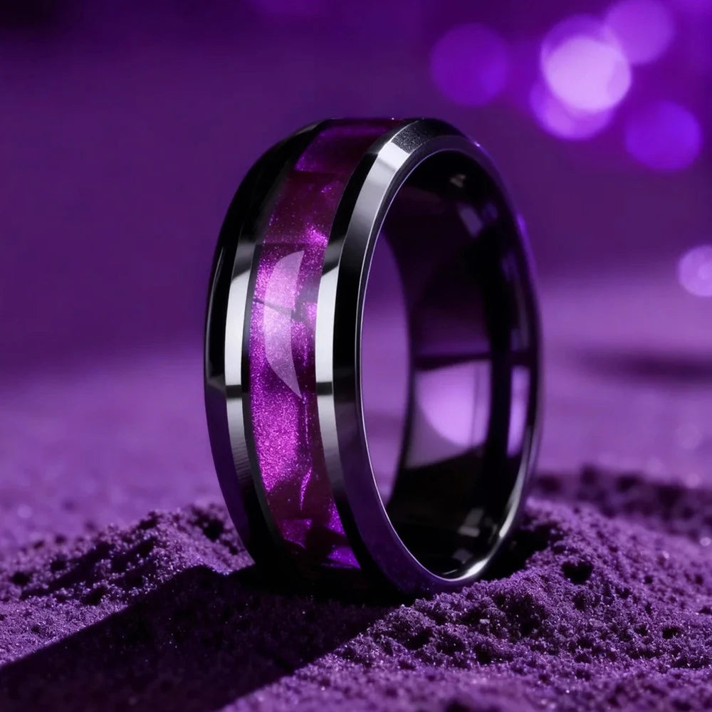 Fashion 8mm Stainless Steel Rings for Men Women, High Polished Purple Abalone Shell Inlay Ring, Men Wedding Party Jewelry