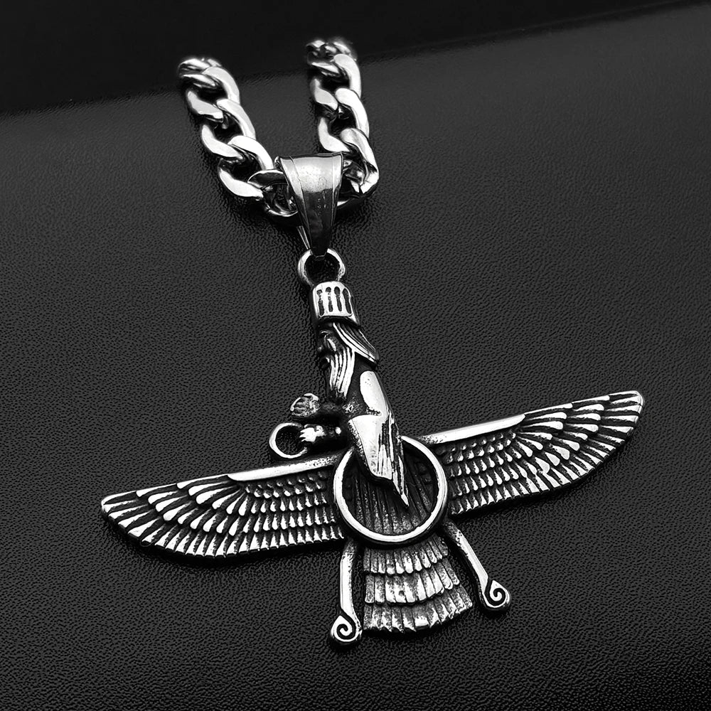 Farvahar Ahura Persia Symbol Zoroastrian Necklace for Women Men Stainless Steel Ancient Amulet Chain Jewelry Collar NZZ420S2