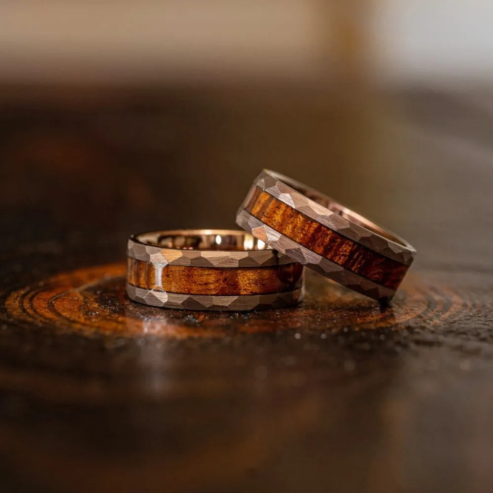 Luxury 8MM Koa Wood Inlay Stainless Steel Rings Bevel Edge Men's Steel Jewelry Polished Wedding Engagement Band Ring Wholesale