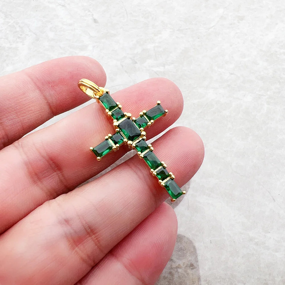 Gold Plated Cross Green Stones Pendant Brand New Fine Jewelry 925 Sterling Silver Accessories Stylish Gift For Woman