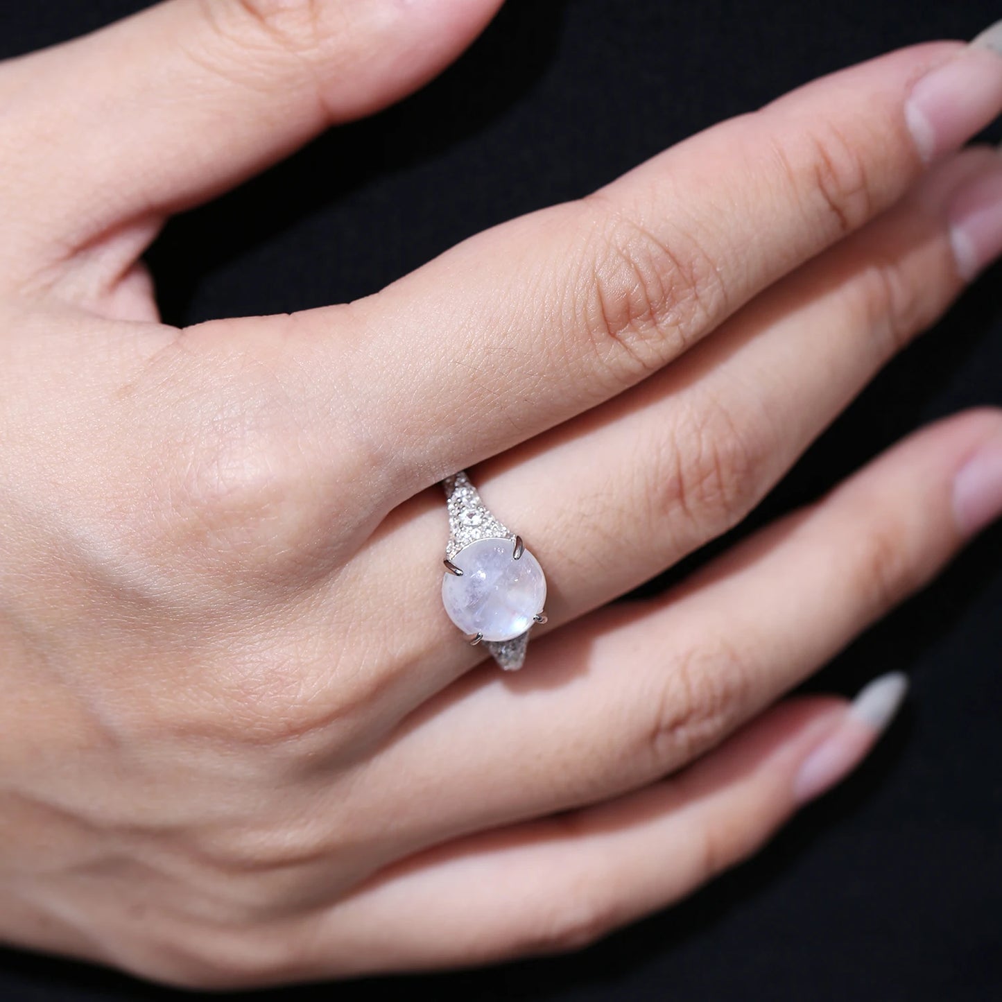 GEM'S BALLET Natural Rainbow Moonstone Dainty Gemstone Rings, 925 Sterling Silver, Gift For Her, Promise Ring, June Birthstone