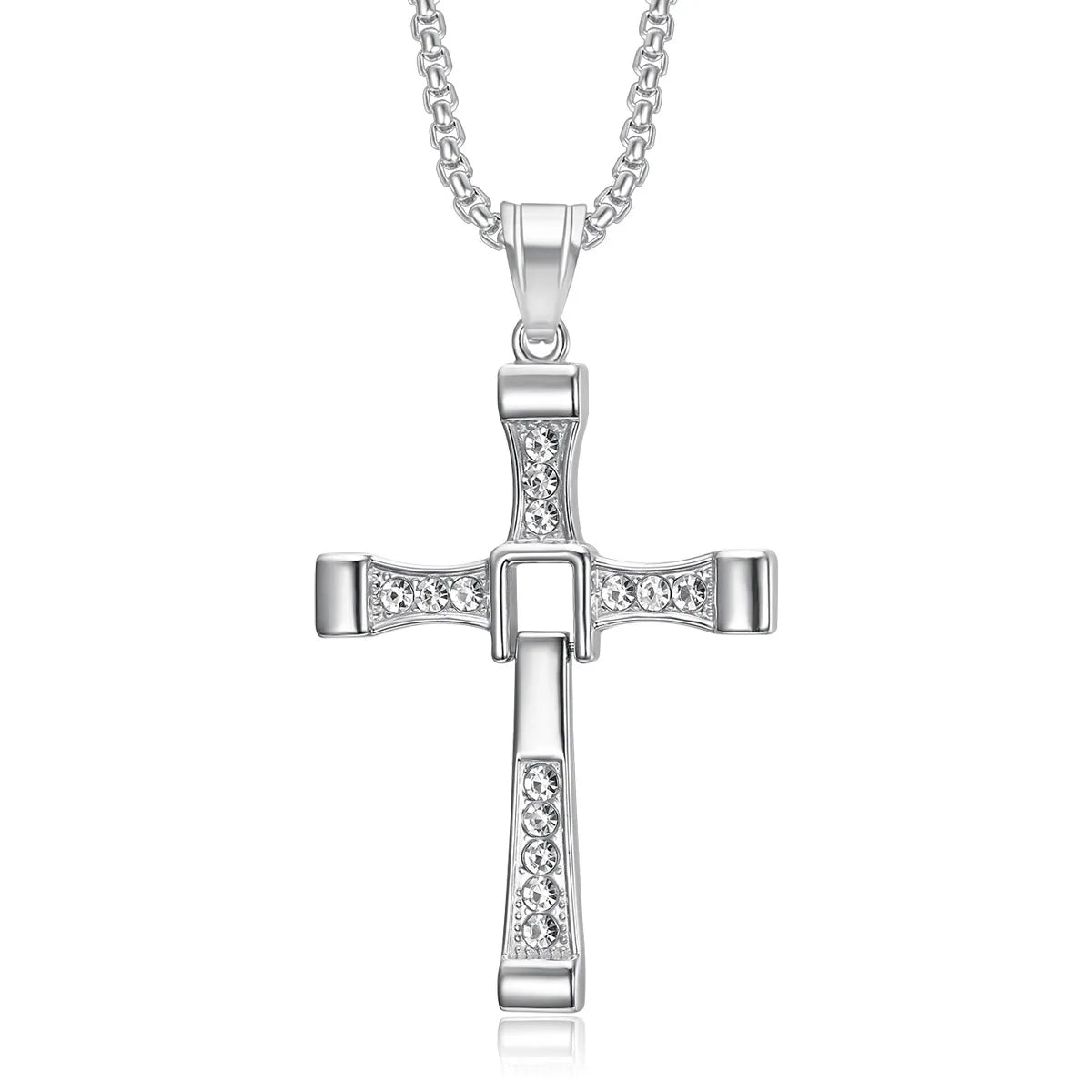 Hip Hop Stainless Steel Gold Crystal Cross Cubic Zirconia Pendant Necklace Gift Square Pearl Chain