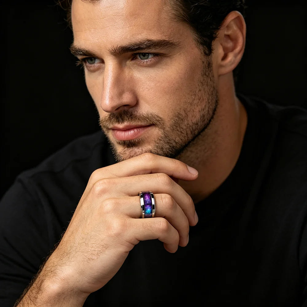 8mm Cosmic Starry Sky Stainless Steel Men Ring, Futuristic Design with Colorful Nebula Pattern Rings , Wedding Band Jewelry