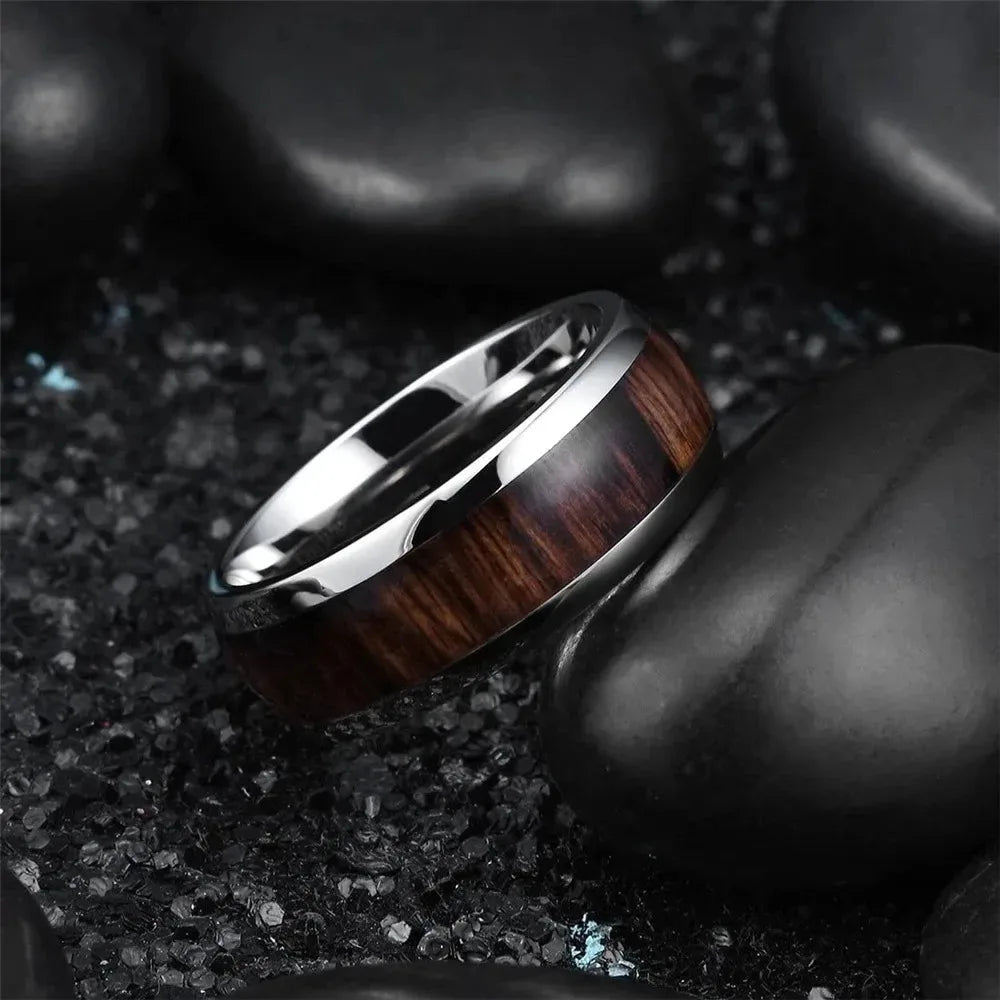 Fashion 8MM Silver Color Stainless Steel Rings For Men Women Domed Koa Wood Inlay Promise Rings Wedding Engagement Jewelry Gift