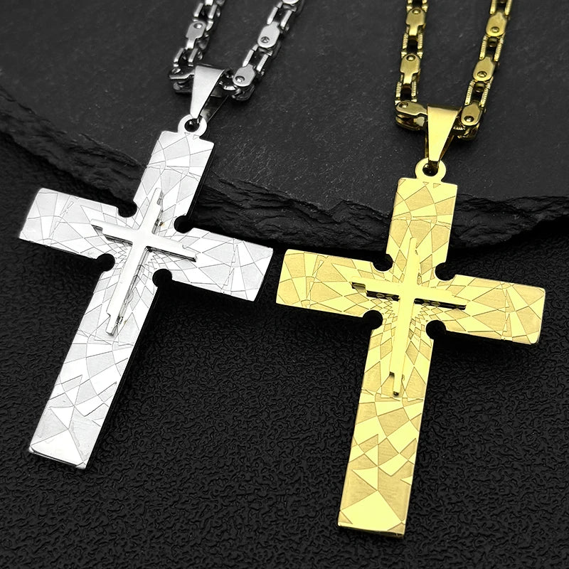 Punk Big Jesus Cross Necklace for Men Women Stainless Steel Gold Silver Color Byzantine Chain Jewelry Boy Friend Gift Jewelry