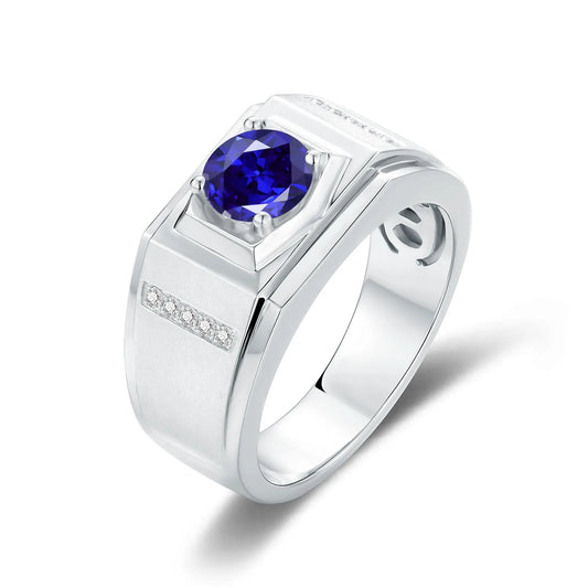 GEM'S BALLET 6.5mm 1.37Ct Round Lab Grown Sapphire Ring, Men's Engagement Ring, 925 Sterling Silver Groomsmen Wedding Gift 925 Sterling Silver Lab Grown Sapphire