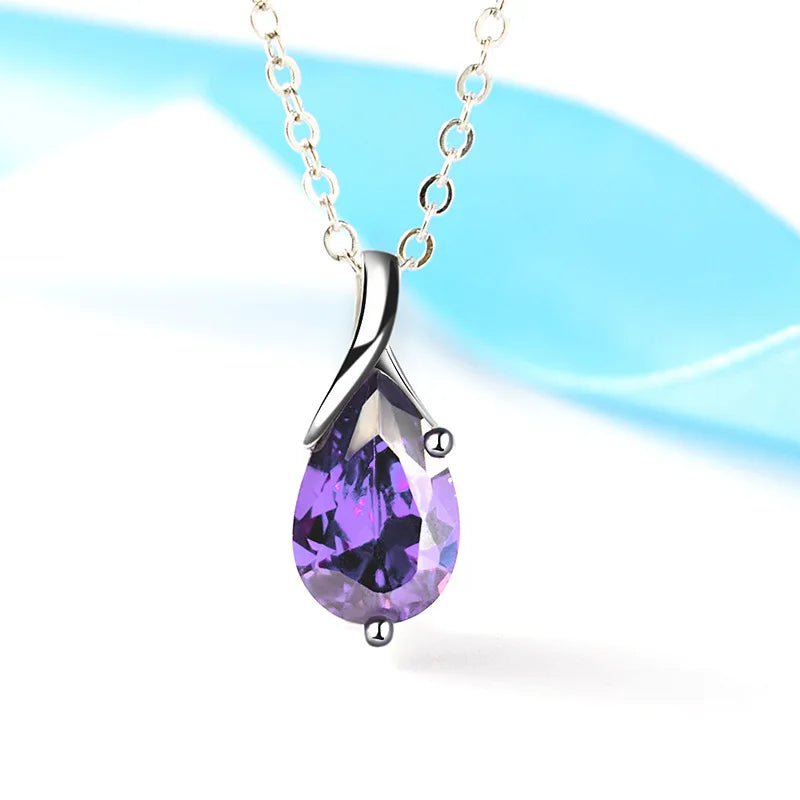 S925 Sterling Silver Necklace Angel Tears Crystal Red Pendant Necklace for Woman Charm Jewelry Gift Purple