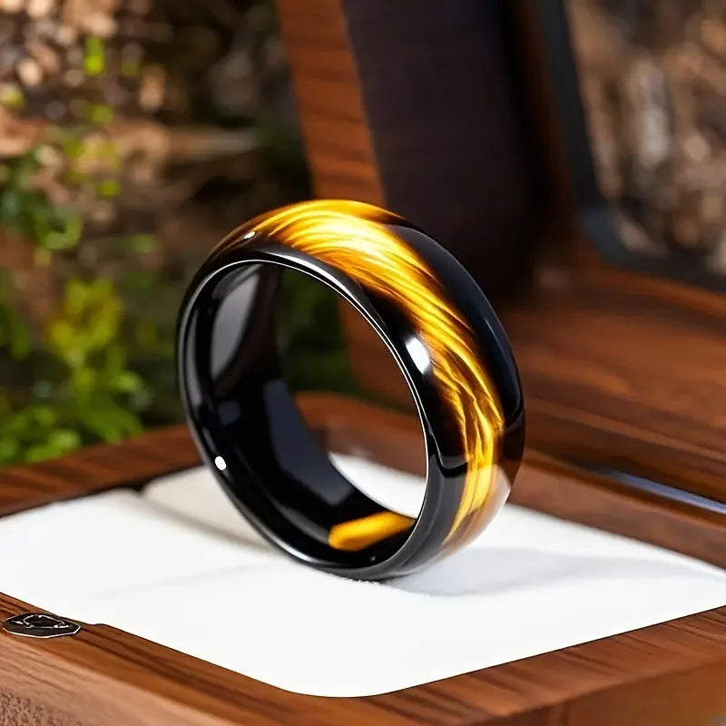 Fashion 8mm Men Stainless Steel Rings Black Color Brushed Brown Abalone Shell Inlay Rings for Men Wedding Band Jewelry Gift