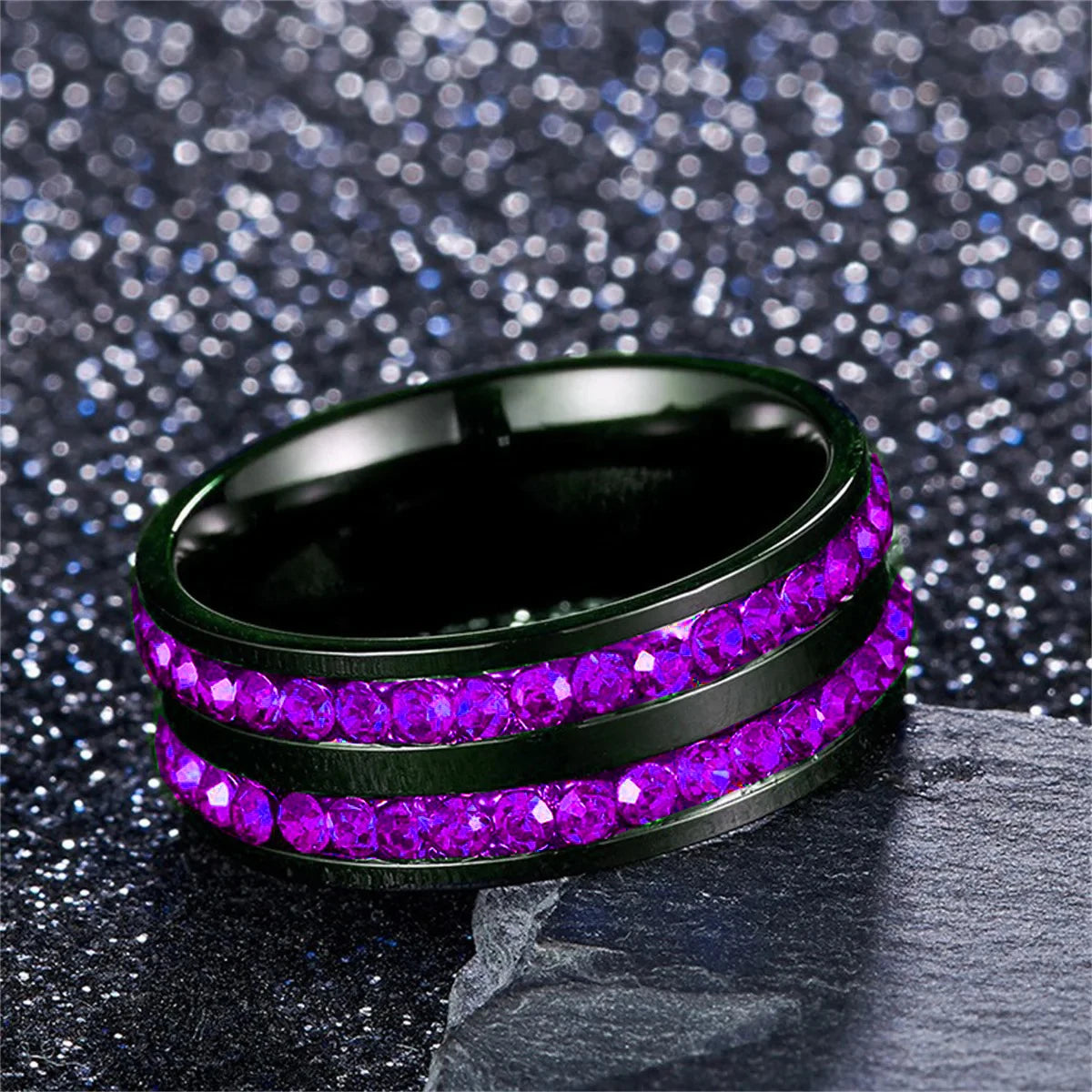 Fashion 8mm Double Row Rhinestone Stainless Steel Rings For Men Women Luxury Micro Paved CZ Crystal Rings Wedding Band Jewelry