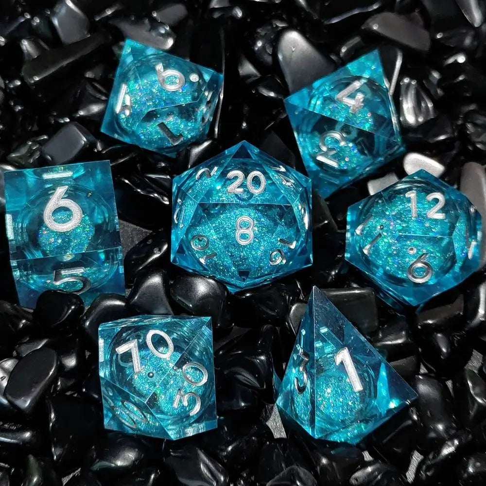 7Pcs/Set Liquid Flow Core Polyhedral Dice For RPG D4 D6 D8 D10 D12 D20 Sharp Edge D+D Dice For DND Pathfinder Role Playing Games B - blue-1