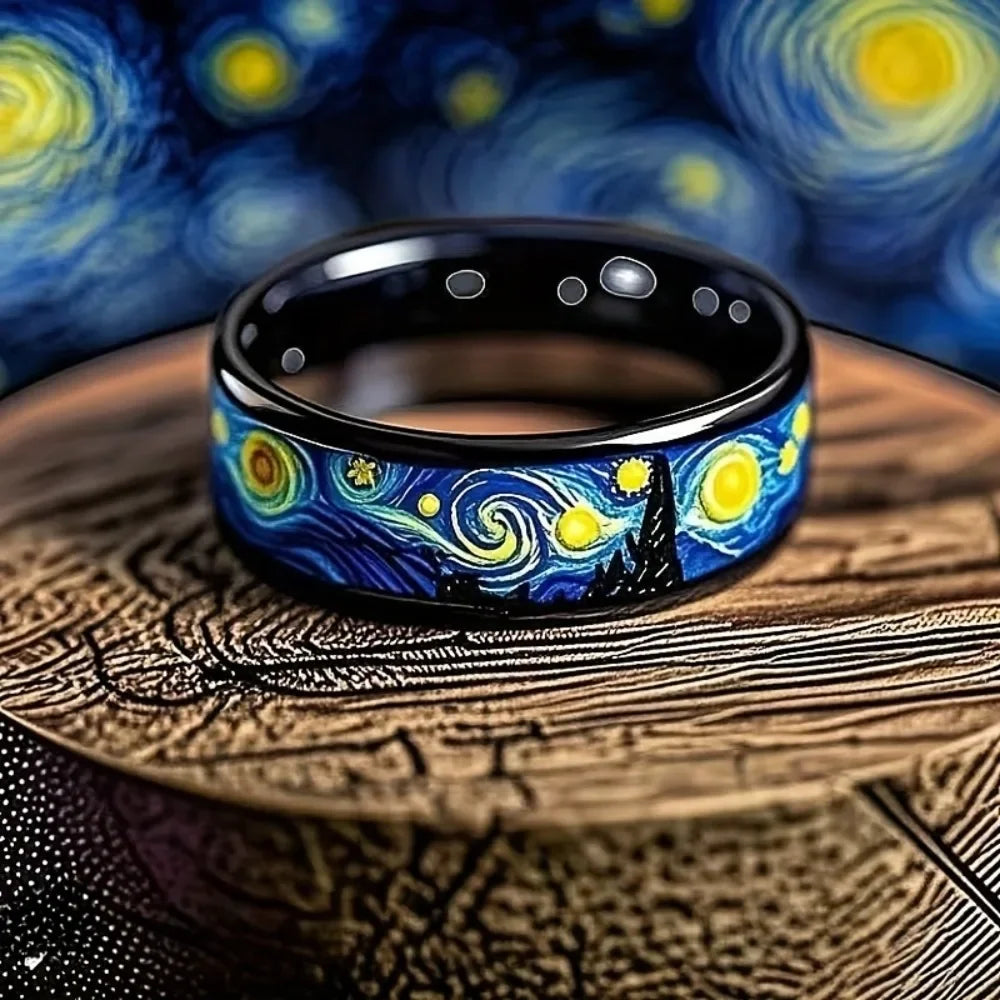 Unique Starry Night Pattern Men's Black Ring Personality Women Wedding Band Jewelry Unisex Party Accessories Wholesale