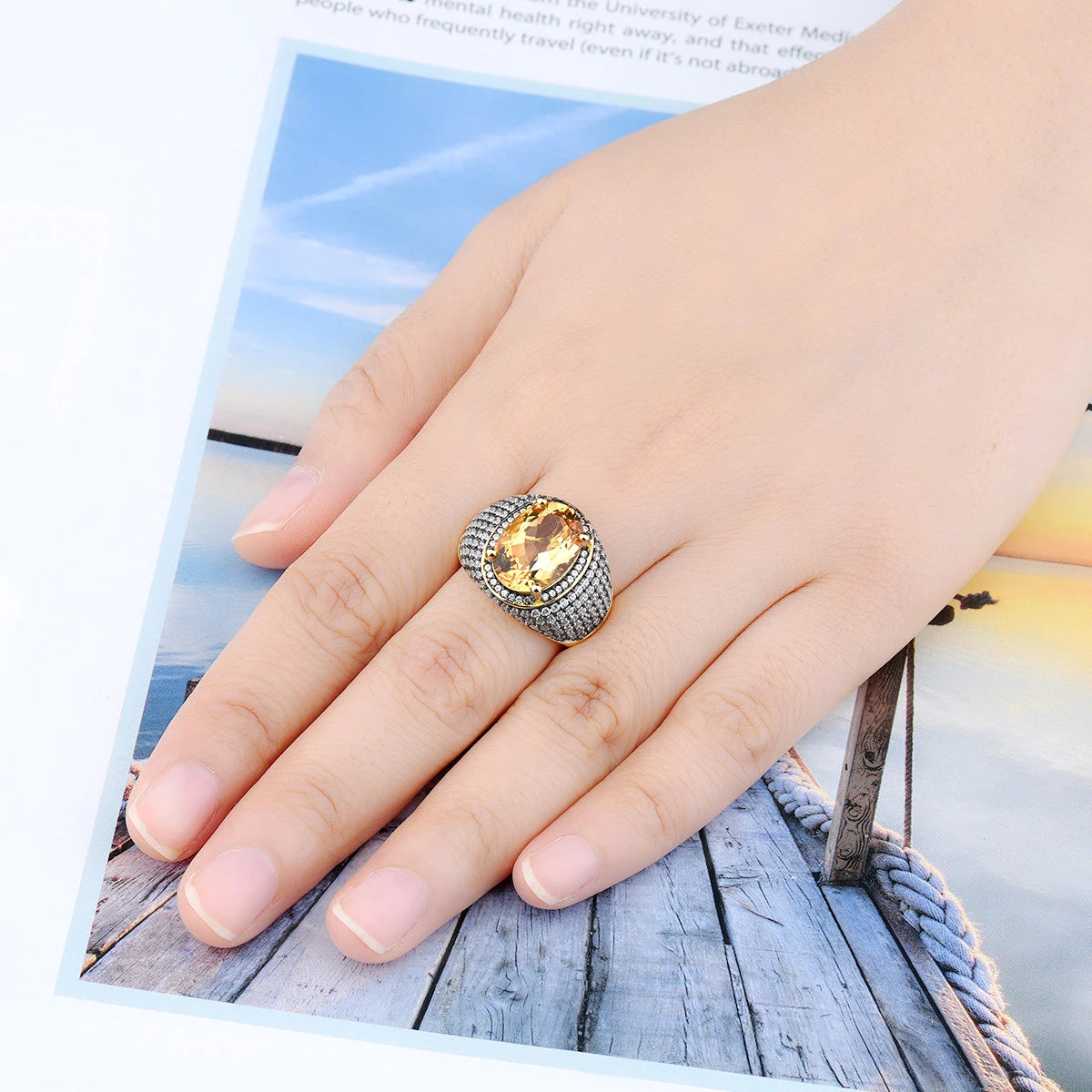 Natural Citrine Silver Rings Yellow Gold Plated 7.8 Carats Genuine Gemstone Luxury Exquisite Top Quality Jewelrys Wedding Rings