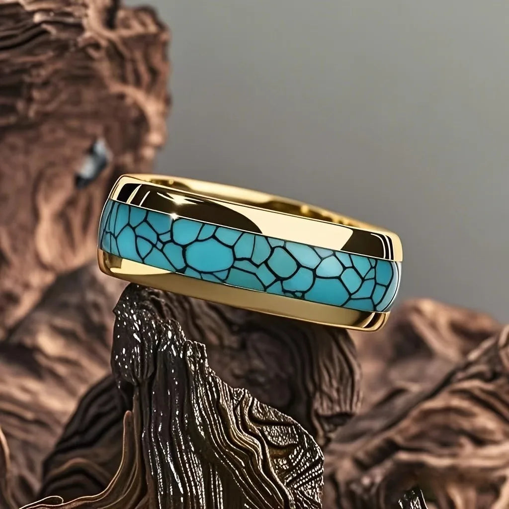 Fashion 8mm Men Gold Color Stainless Steel Rings Inlay Turquoise Rings For Men Women Wedding Engagement Band Jewelry Gift