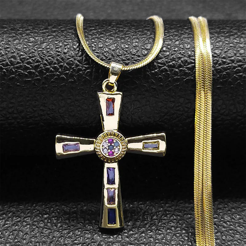 Vintage Shiny Zircon Jesus Cross Religious Amulet Necklace Women Stainless Steel Clavicle Snake Chain Choker Necklaces Jewelry