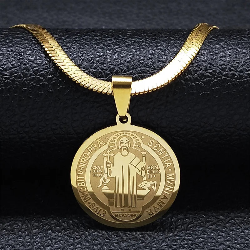 Hip Hop Saint Benedict Medallion Pendant Necklace Men Stainless Steel Snake Chain Choker Necklaces Jewelry San Benito Collares