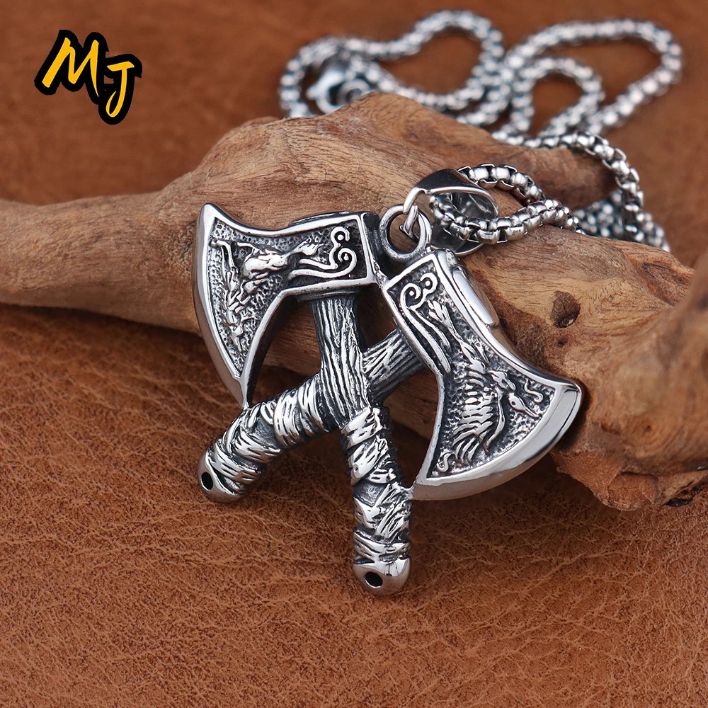 Unique Viking Double Axe Pendant Stainless Steel Retro Nordic Domineering Wolf and Eagle Necklace Scandinavian Jewelry