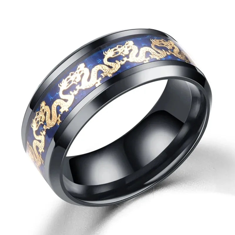 Fashion 8mm Men Stainless Steel Dragon Ring Vintage Punk Chinese Dragon Pattern Carbon Fiber Rings For Men Wedding Party Jewelry