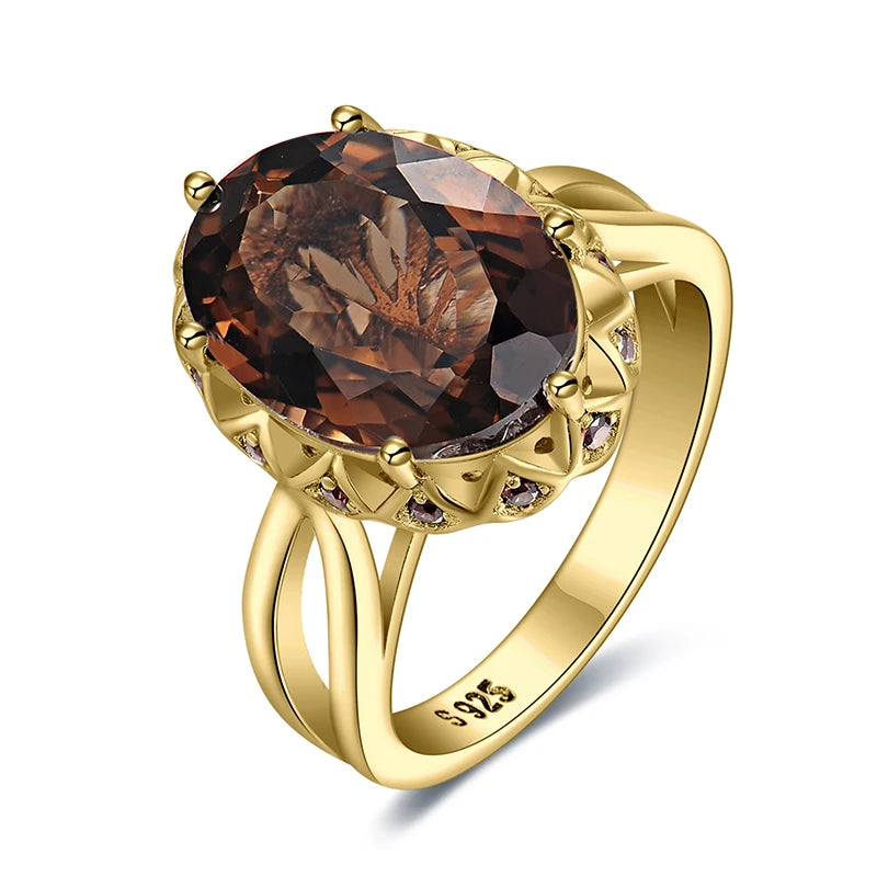 JewelryPalace Large 5.7ct Genuine Oval Smoky Quartz 925 Sterling Silver Big Gemstone Cocktail Statement Rings for Women Jewelry