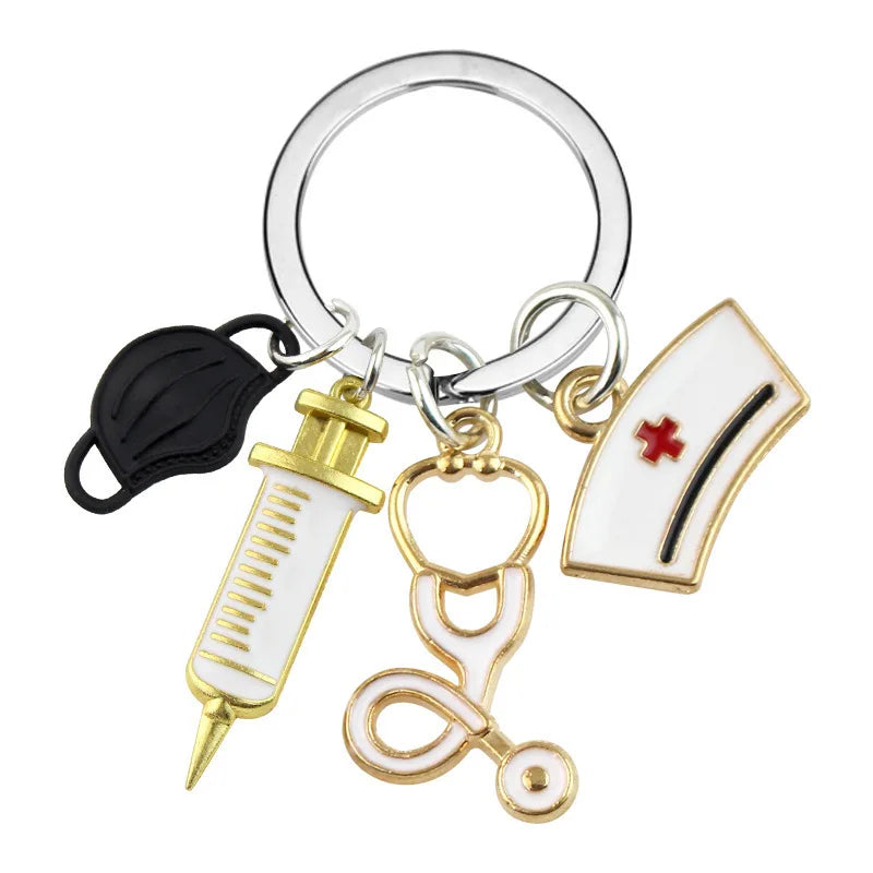 Medical Tool Doctor Keychain Heartbeat Stethoscope Syringe Nurse Cap Key Ring Nurse Gifts Handmade Jewelry Bag Ornaments Charm 4-BK