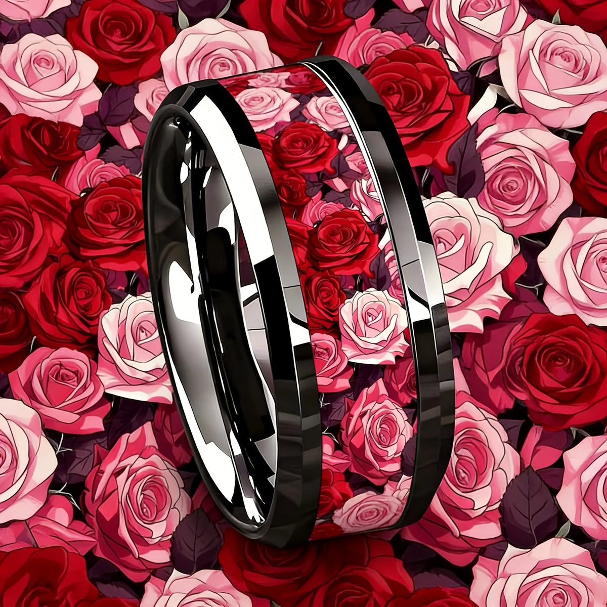 Romantic Men's Stainless Steel Rings With Red Pink Rose Flower Parrern Inlay Ring For Wedding Jewelry Valentine's Day Gifts