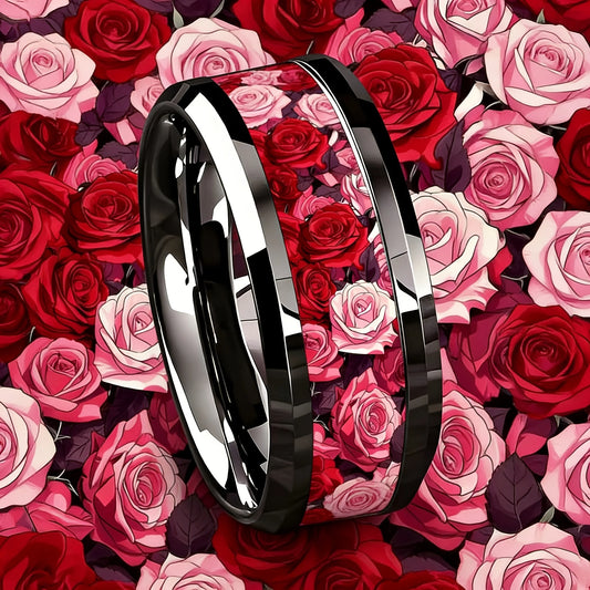 Romantic Men's Stainless Steel Rings With Red Pink Rose Flower Parrern Inlay Ring For Wedding Jewelry Valentine's Day Gifts