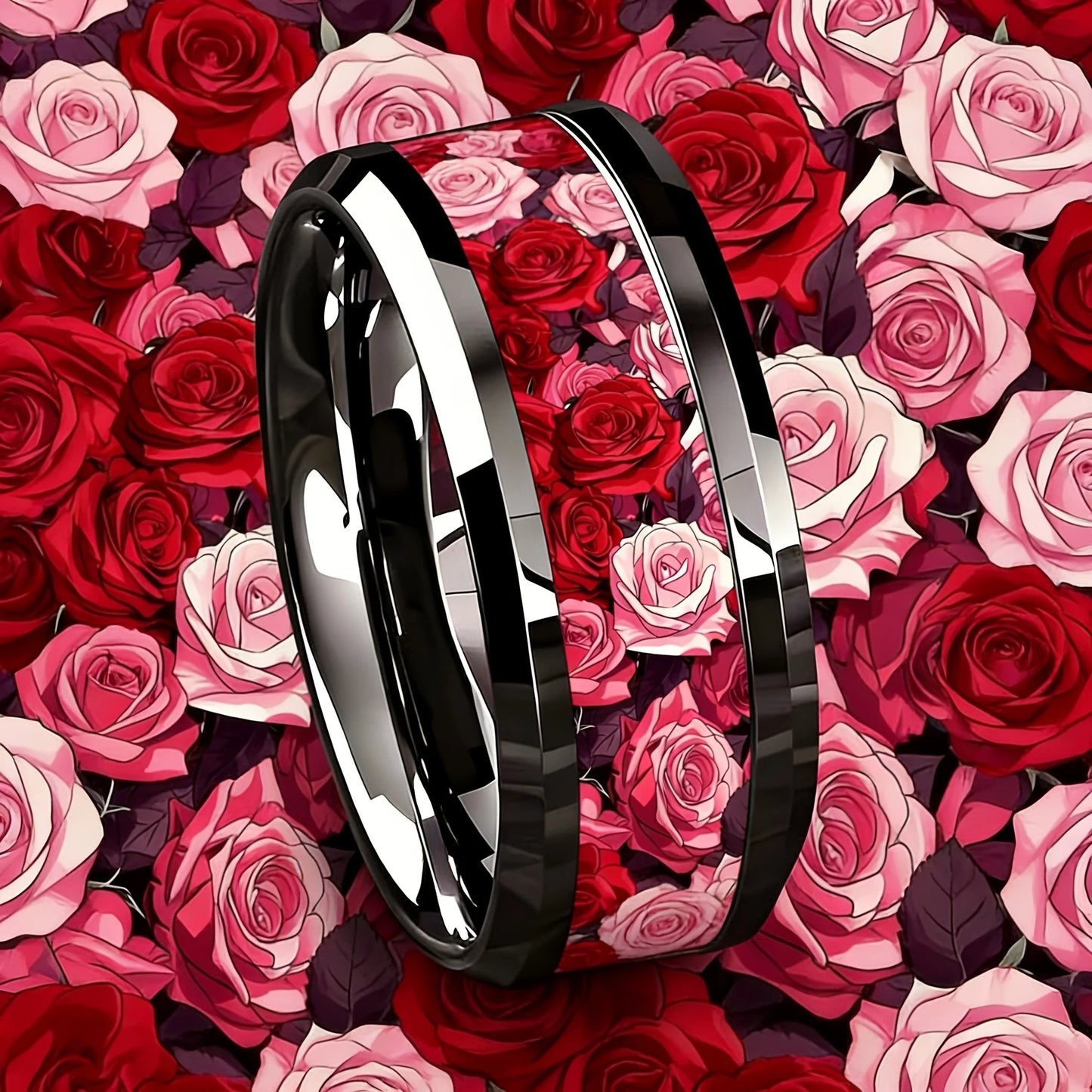 Romantic Men's Stainless Steel Rings With Red Pink Rose Flower Parrern Inlay Ring For Wedding Jewelry Valentine's Day Gifts