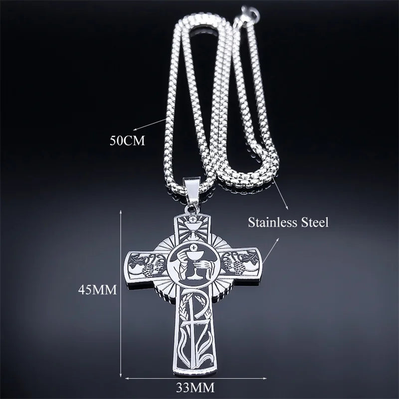 Christian Christ Eucharist Halo Grape Juice Cross Necklace Stainless Steel Men Women Catholic Holy Spirit Church Chain Jewelry