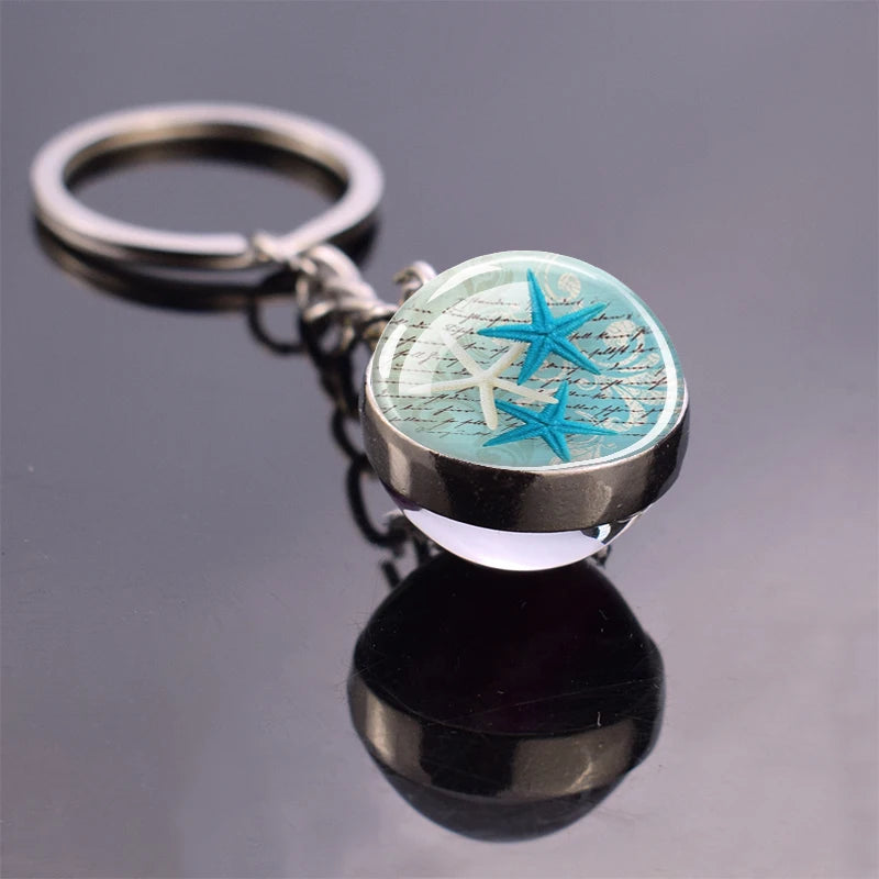 Blue Sea Keychain Marine Organisms Cute Key Chain Double Sided Glass Ball Pendant Dolphins Turtles Starfish Keyring Jewelry Gift As show 4